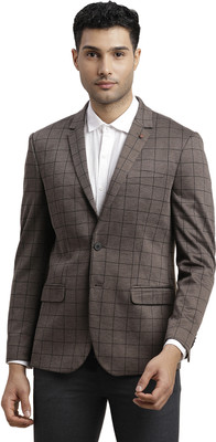TURTLE Checkered Single Breasted Casual Men Blazer(Brown)