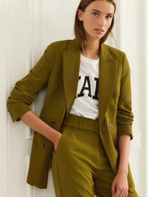 NEXT Solid Double Breasted Casual Women Blazer(Green)