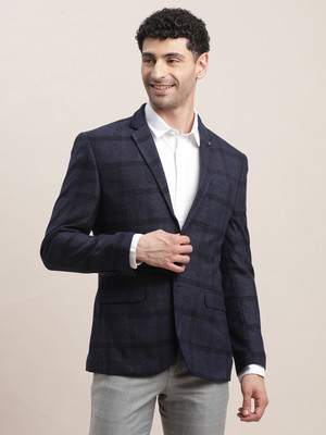 TURTLE Checkered Single Breasted Casual Men Blazer(Blue)