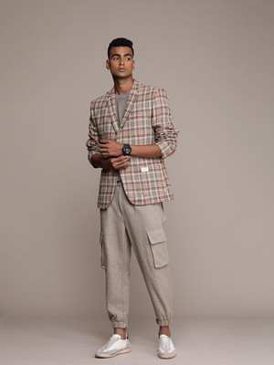 Mr Bowerbird Checkered Single Breasted Casual Men Blazer(Beige)