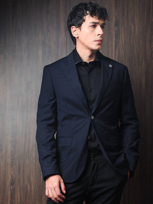 Rare Rabbit Solid Single Breasted Casual Men Blazer(Dark Blue)