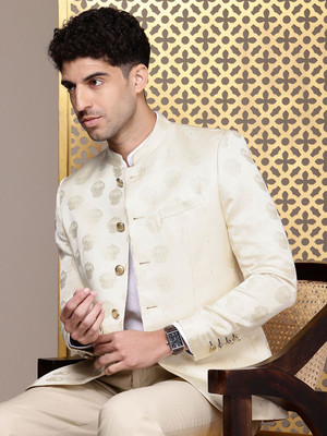 House of Pataudi Self Design Bandhgala Festive & Wedding Men Blazer(White)