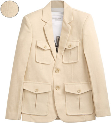 Charchit Solid Single Breasted Party Boys Blazer(Beige)