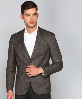 VAN HEUSEN Checkered Single Breasted Formal Men Blazer(Brown)