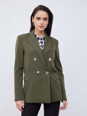 SALT ATTIRE Solid Double Breasted Formal Women Blazer(Green)