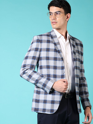 V-MART Checkered Single Breasted Formal Men Blazer(Blue)