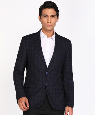 PARK AVENUE Checkered Single Breasted Formal Men Blazer(Dark Blue)