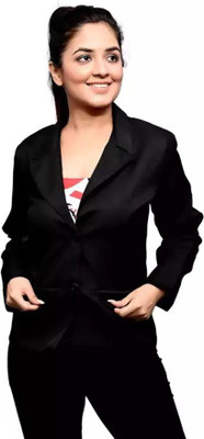 Cara Cola Solid Single Breasted Casual Women Blazer(Black)