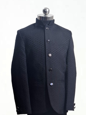 TTRFashion Checkered Mandarin Festive & Wedding Boys Blazer(Black)