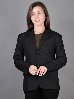 BOMBASED Solid Single Breasted Casual Women Blazer(Black)