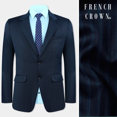 french crown Striped Single Breasted Festive & Wedding, Party Men Blazer(Blue)