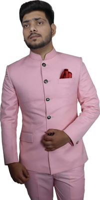 ALJAAMI Solid Bandhgala Wedding Men Blazer(Pink)