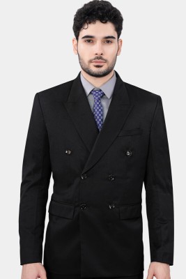 french crown Solid Double Breasted Formal Men Blazer(Black)