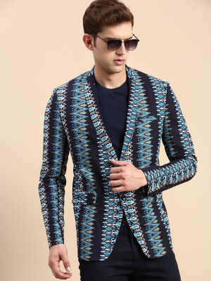 Showoff Printed Single Breasted Festive & Wedding Men Blazer(Dark Blue, Black)