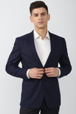 VAN HEUSEN Striped Single Breasted Formal Men Blazer(Dark Blue)