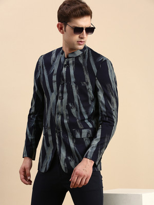 SHOWOFFFF Printed Bandhgala Party Men Blazer(Dark Blue)