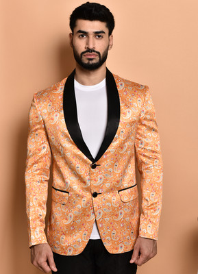 PRINT CULTR Printed Single Breasted Casual Men Blazer(Orange)