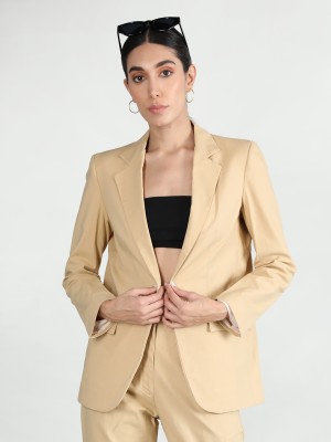 CHKOKKO Solid Single Breasted Casual Women Blazer(Brown)