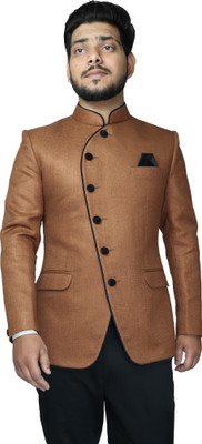 ALJAAMI Solid Bandhgala Festive & Wedding Men Blazer(Brown)