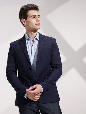 INVICTUS Solid Double Breasted Formal Men Blazer(Blue)