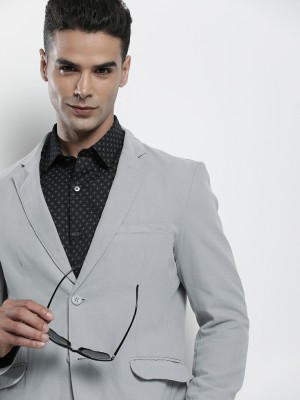 The Indian Garage Co. Solid Single Breasted Casual Men Blazer(Grey)