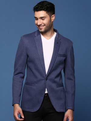 SHOWOFFFF Solid Single Breasted Formal Men Blazer(Dark Blue)