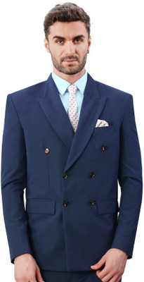french crown Solid Double Breasted Formal Men Blazer(Blue)