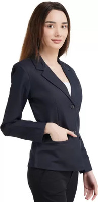 Flickz Solid Single Breasted Formal Women Blazer(Blue)
