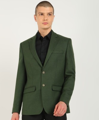 PARK AVENUE Solid Single Breasted Formal Men Blazer(Dark Green)