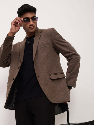 SHOWOFFFF Solid Single Breasted Casual Men Blazer(Brown)