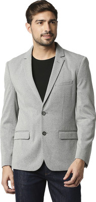 BASICS Solid Single Breasted Casual Men Blazer(Grey)