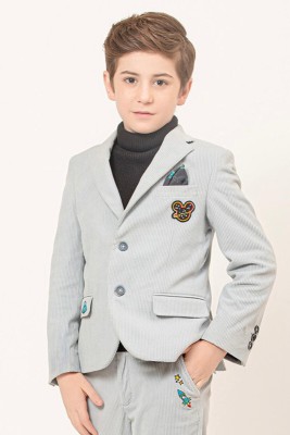 One Friday Solid Double Breasted Party Boys Blazer(Grey)