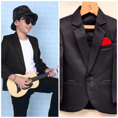 CELLUX Solid Single Breasted Casual Boys Blazer(Black)