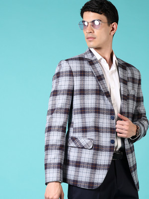 V-MART Checkered Single Breasted Formal Men Blazer(Blue)
