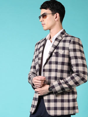V-MART Checkered Single Breasted Formal Men Blazer(Brown)