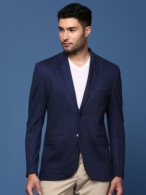 SHOWOFFFF Striped Single Breasted Formal Men Blazer(Dark Blue)