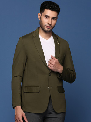 SHOWOFFFF Solid Single Breasted Formal Men Blazer(Dark Green)