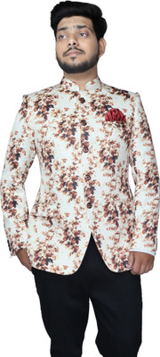 ALJAAMI Printed Bandhgala Festive & Wedding Men Blazer(White, Brown)