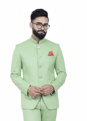 ALJAAMI Solid Bandhgala Wedding Men Blazer(Light Green)