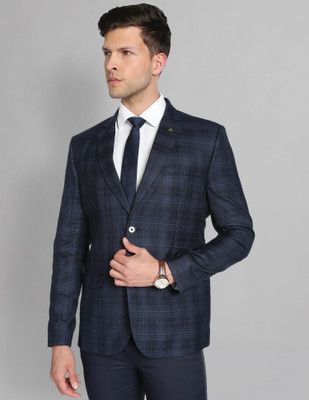 AD by Arvind Checkered Single Breasted Formal Men Blazer(Blue)