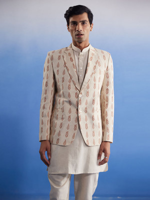 Shvaas By Vastramay Printed Single Breasted Casual Men Blazer(White)