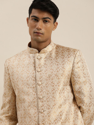 VASTRAMAY Self Design Single Breasted Festive Men Blazer(Gold)