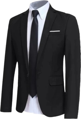 TUPLES Solid Single Breasted Formal Men Blazer(Black)