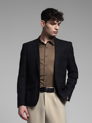 JACK & JONES Checkered Single Breasted Casual Men Blazer(Dark Blue)