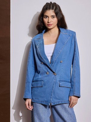 SASSAFRAS Solid Double Breasted Casual Women Blazer(Blue)