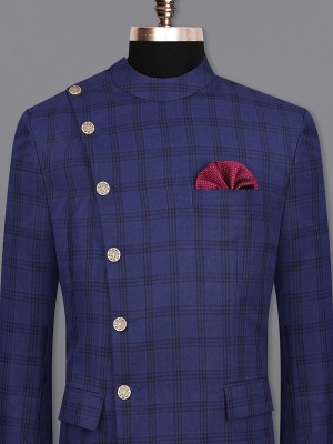 french crown Checkered Tuxedo Style Casual Men Blazer(Blue)