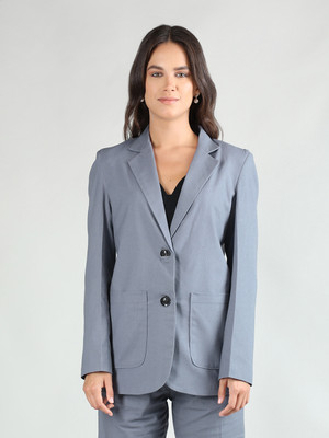 CHKOKKO Solid Single Breasted Casual Women Blazer(Blue)