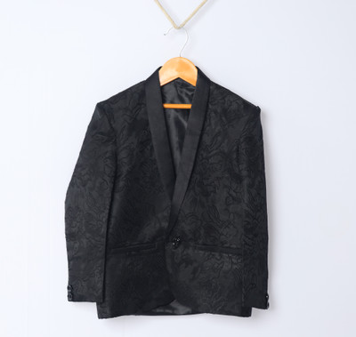 funny bones Printed Tuxedo Style Casual Boys Blazer(Black)