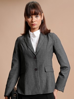 Tokyo Talkies Checkered Single Breasted Casual Women Blazer(Grey)