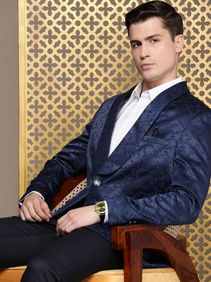 House of Pataudi Self Design Single Breasted Party Men Blazer(Blue)